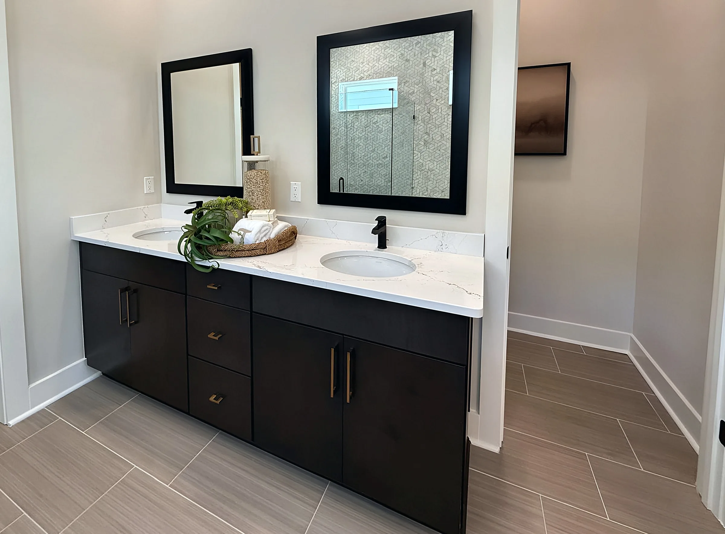Espresso Double Vanity with Brass Pulls — Panama City Beach